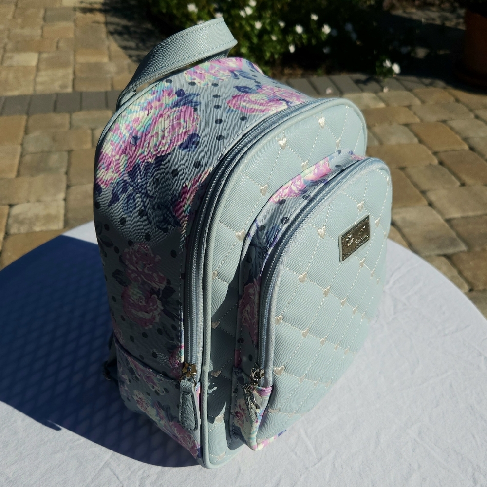 NWT Luv Betsey Johnson Pastel Blue Heart Embroidery & Pastel Rose Print Purse